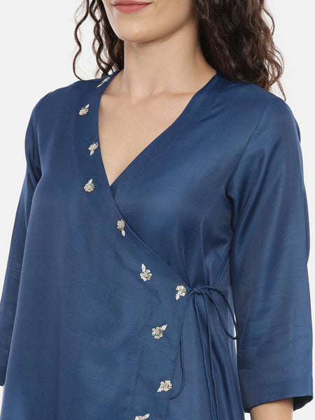 Blue Linen Satin Embroidered Wrap Dress -  AS0425
