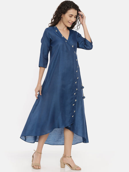 Blue Linen Satin Embroidered Wrap Dress -  AS0425