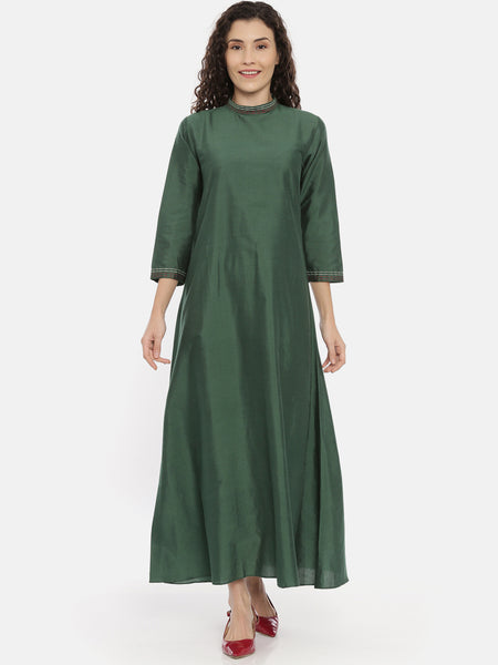 Green Cotton Silk Embroidered Dress -  AS0427