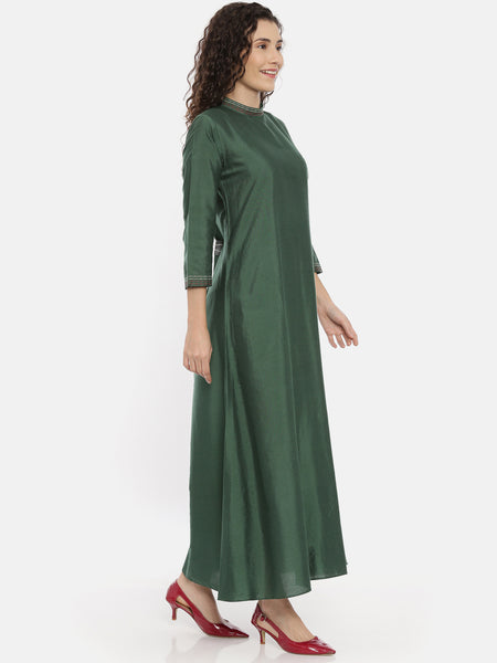 Green Cotton Silk Embroidered Dress -  AS0427