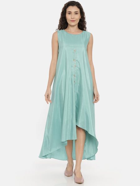 Aqua Blue Linen Satin Asymmetrical Dress -  AS0428