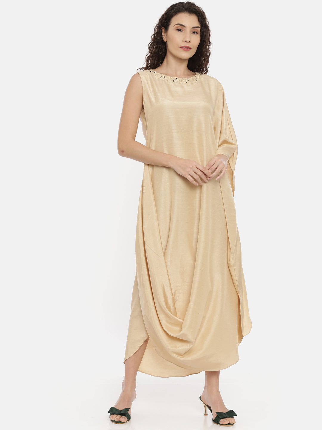 Beige Linen Satin Cowl Dress -  AS0429