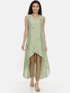 Green Cotton Silk Asymmetrical Dress -  AS0431