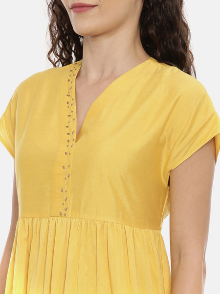Yellow Cotton Silk Embroidered Dress -  AS0432