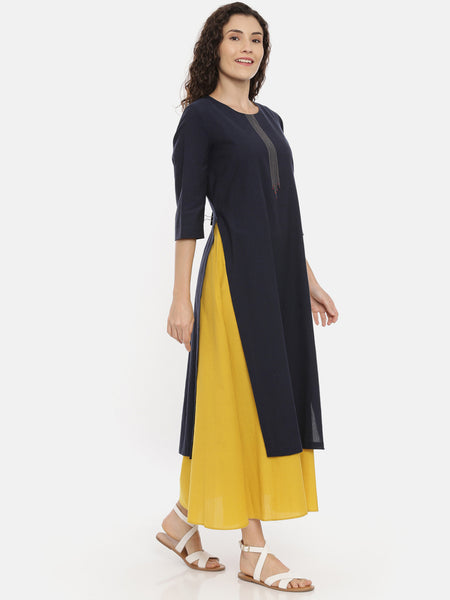 Blue Mustard Cotton Embroidered Dress -  AS0433