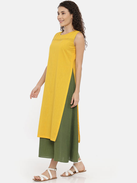 Yellow Green Cotton Embroidered Dress -  AS0434