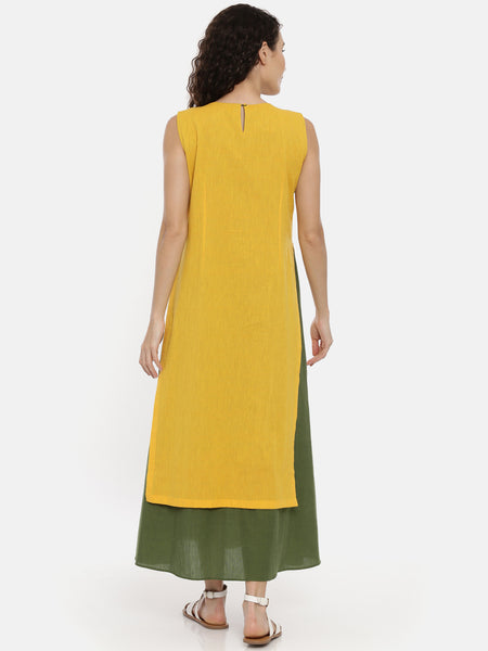 Yellow Green Cotton Embroidered Dress -  AS0434
