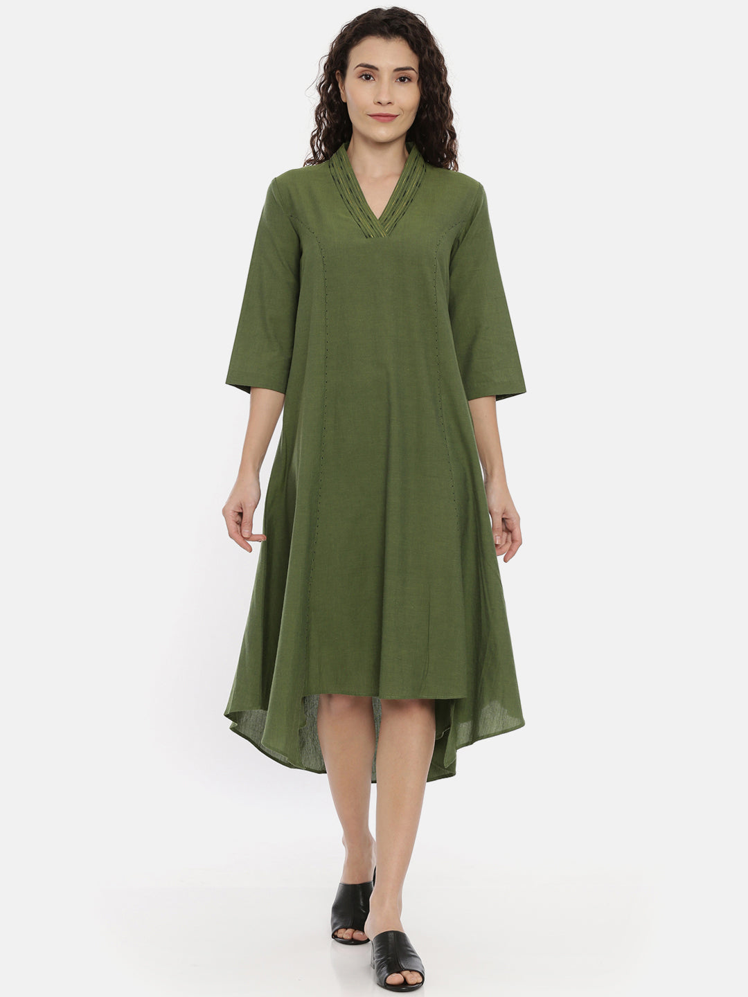 Green Cotton Embroidered Dress - AS0435