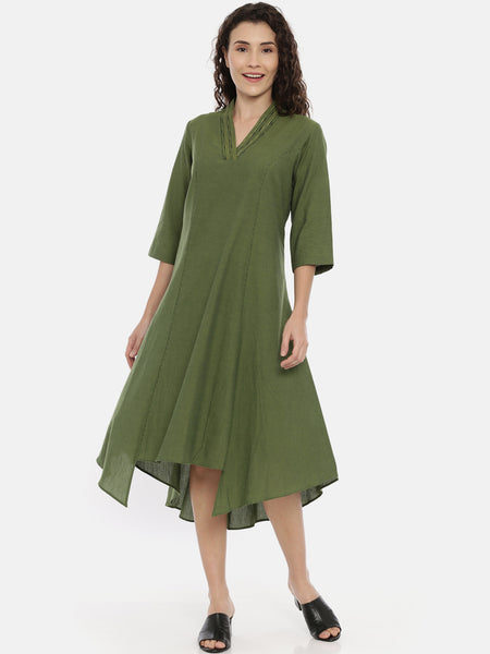 Green Cotton Embroidered Dress - AS0435