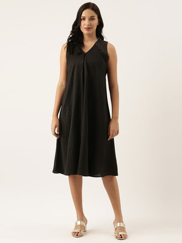 Sleeveless Crush Silk Black Dress - AS0474