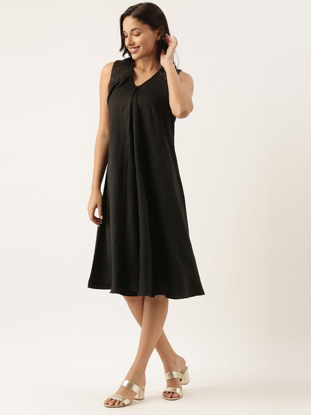 Sleeveless Crush Silk Black Dress - AS0474