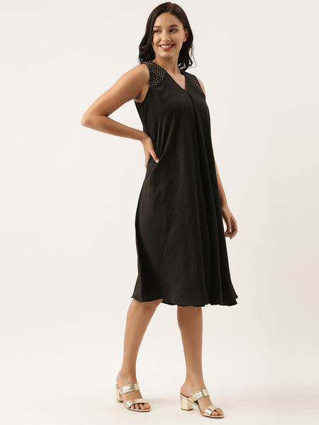 Sleeveless Crush Silk Black Dress - AS0474