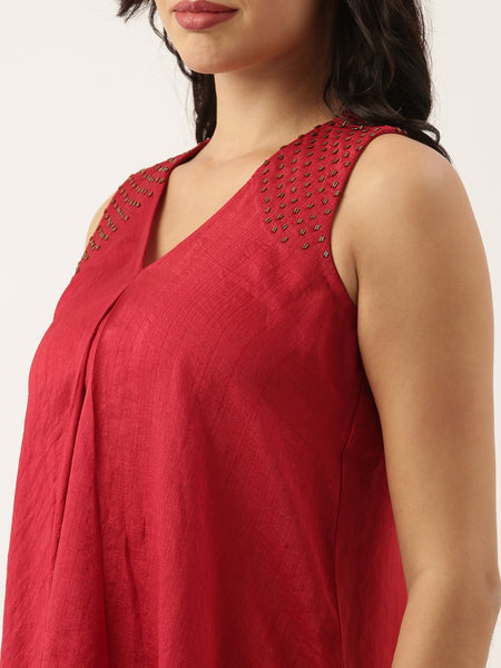 Sleeveless Crush Silk Red Dress - AS0477