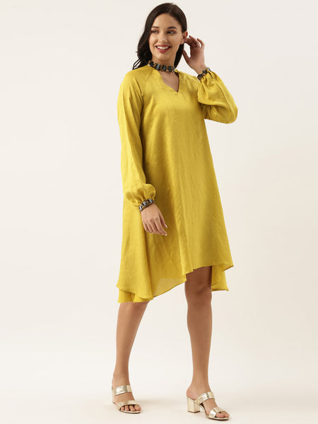 Collar Neck Yellow Silk Dress - AS0480