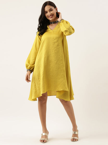 Collar Neck Yellow Silk Dress - AS0480