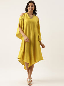 Neck Line Yellow Silk Dress - AS0481