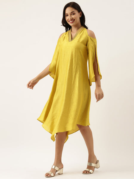 Neck Line Yellow Silk Dress - AS0481