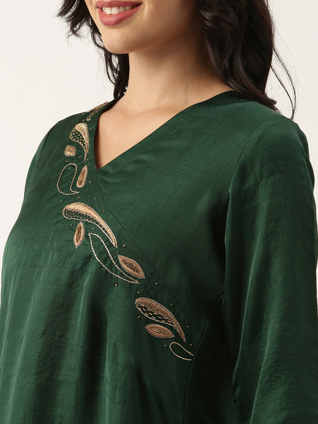 Bottle Green Silk Embroidered Dress - AS0485