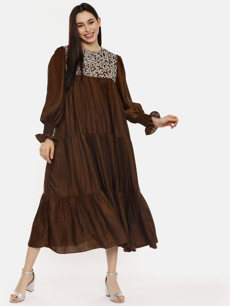 Choco Brown Silk Embroidered Dress - AS0497