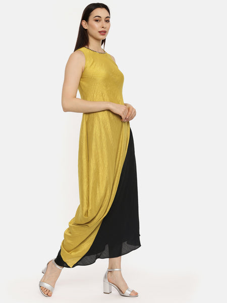 Silk Mustard Black Drape Dress - AS0508