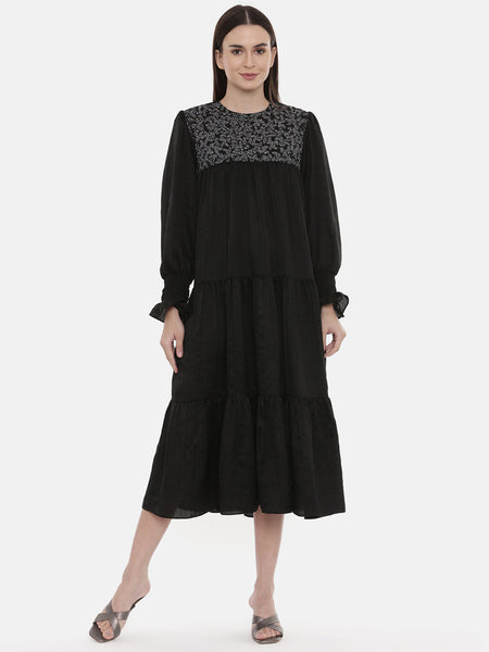 Silk Slub Black Embroidered Dress - AS0524