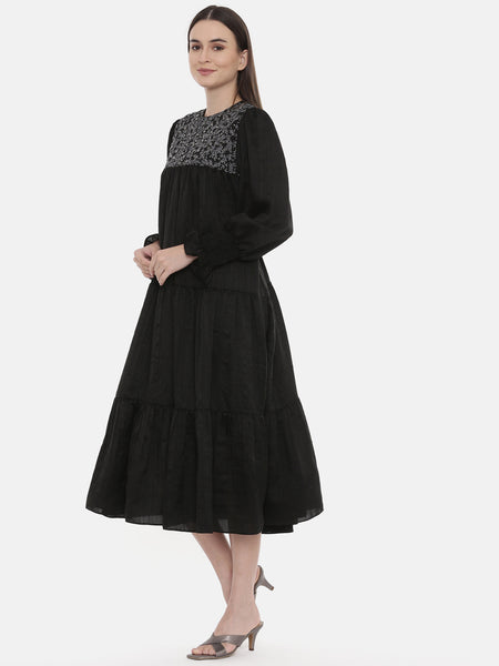 Silk Slub Black Embroidered Dress - AS0524