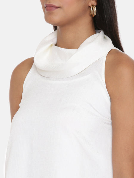 Koul Neck Ivory Silk Short Dress - AS0537