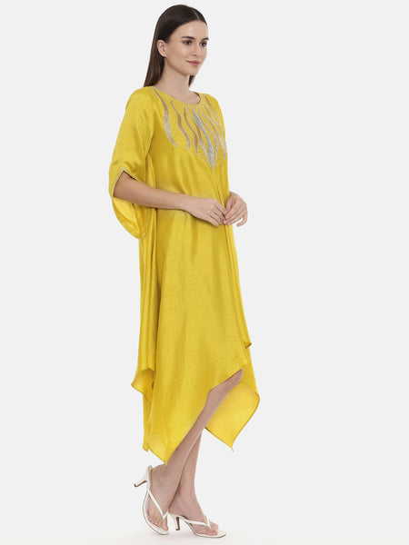 Yellow Embroidered Silk Dress - AS0540