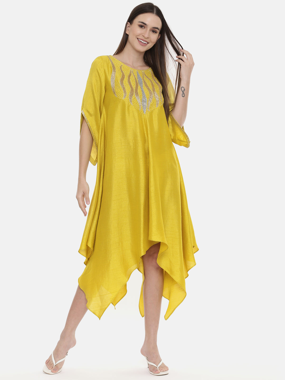 Yellow Embroidered Silk Dress - AS0540