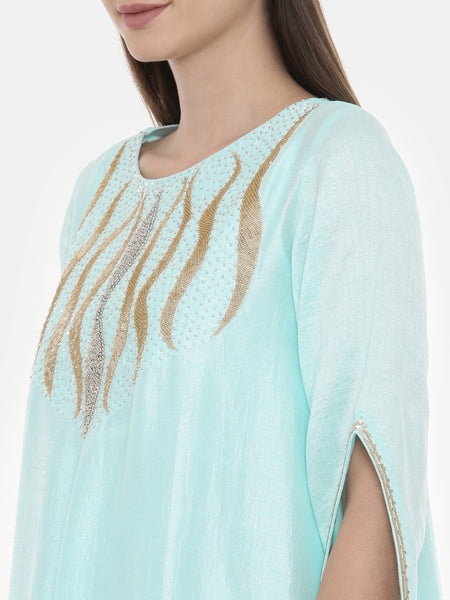 Aqua Blue Embroidered Silk Dress - AS0542
