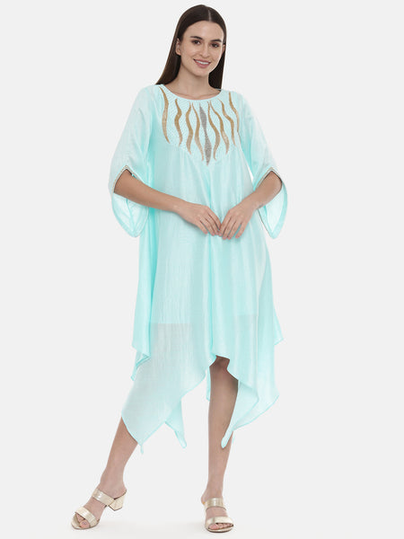 Aqua Blue Embroidered Silk Dress - AS0542