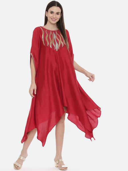Red Embroidered Silk Dress - AS0547