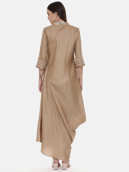 Beige Drape Linen Satin Dress - AS0548