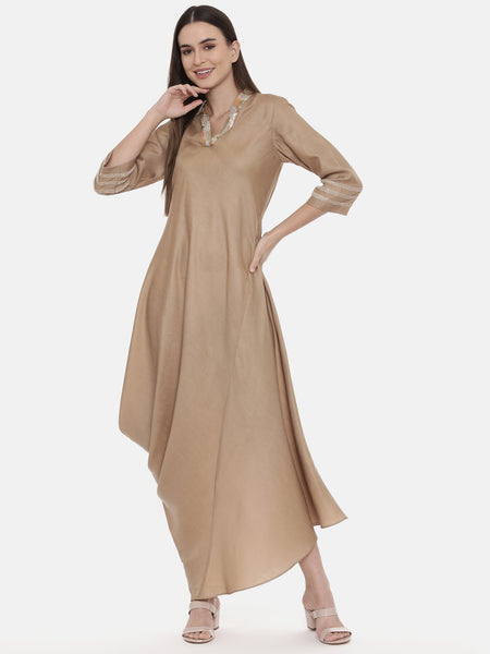 Beige Drape Linen Satin Dress - AS0548