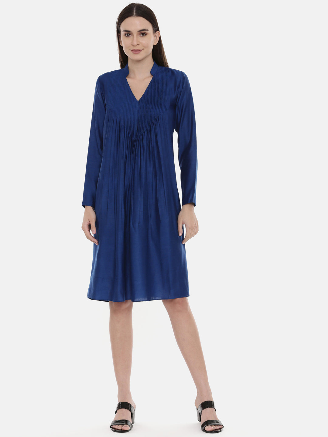 Blue Pintuck Linen Satin Dress - AS0549