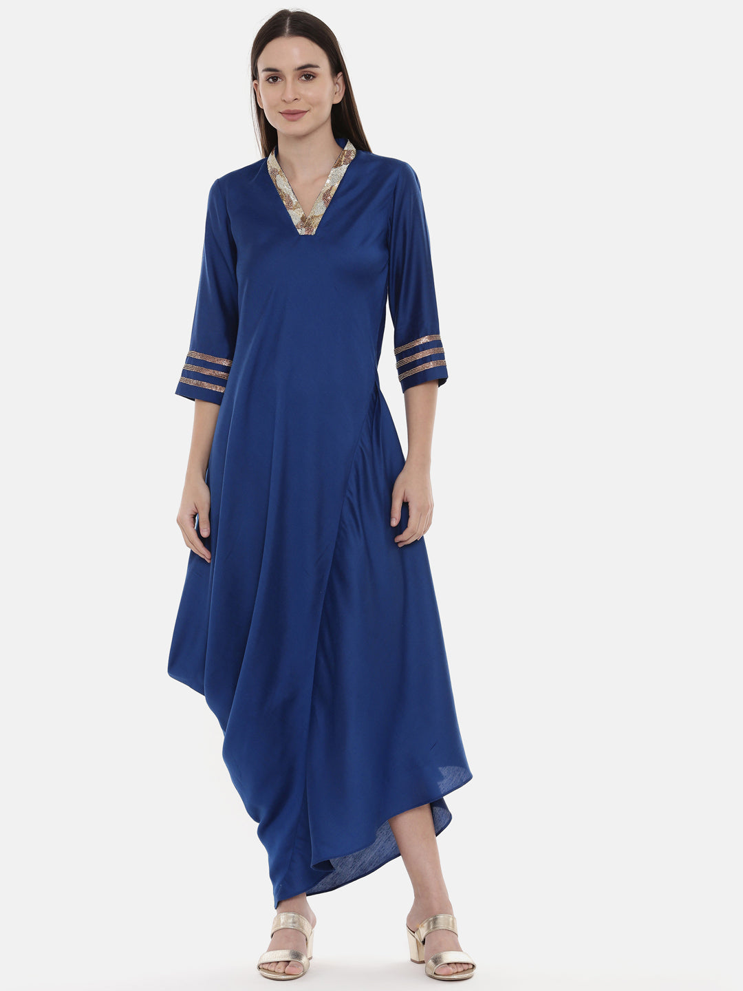 Blue Drape Linen Satin Dress - AS0551
