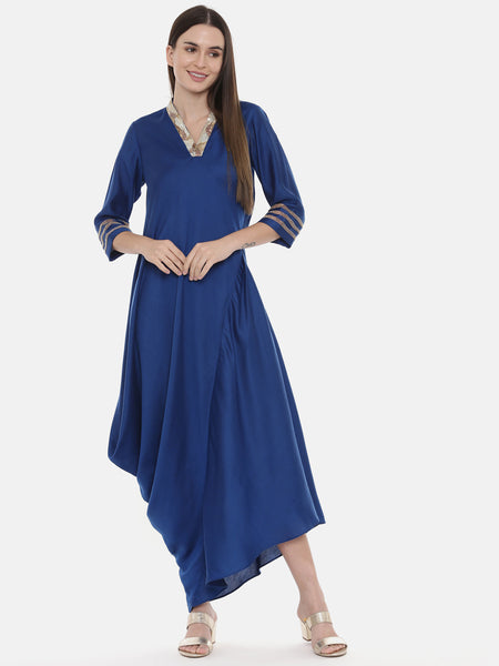 Blue Drape Linen Satin Dress - AS0551