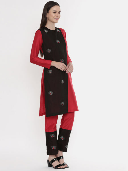 Black Red Embroidered Kurta - AS0561
