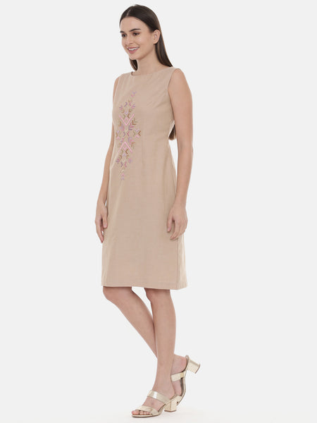 Beige Cotton Embroidered Dress - AS0568
