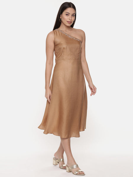 Off Shoulder Classic Beige Silk Dress - AS0582