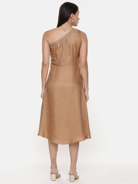 Off Shoulder Classic Beige Silk Dress - AS0582