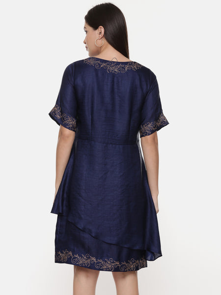 Silk Slub Blue Short Dress - AS0585