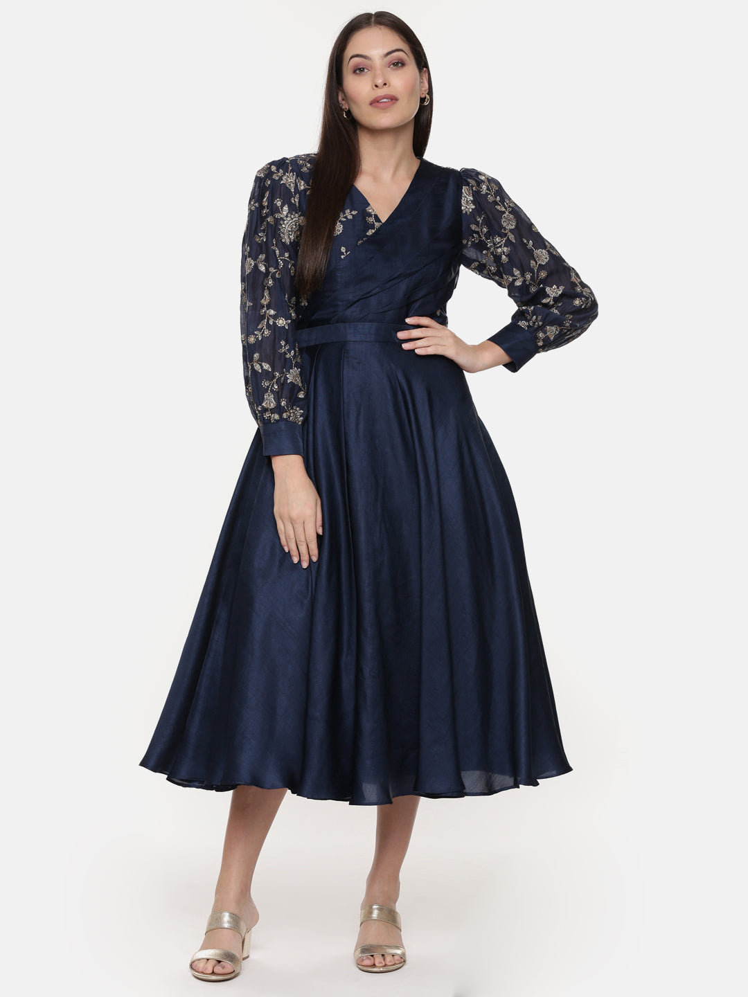 Blue Embroidred Chanderi Pleated Dress - AS0593