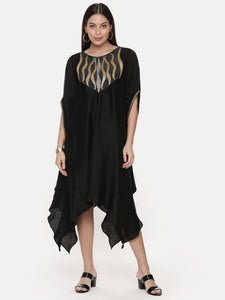 Silk Slub Hand Embroidred Black Dress - AS0595