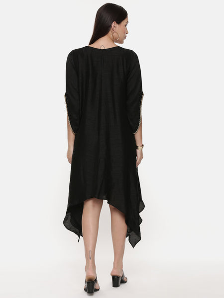 Silk Slub Hand Embroidred Black Dress - AS0595