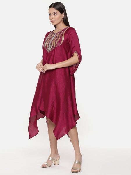 Silk Slub Hand Embroidred Wine Dress - AS0597