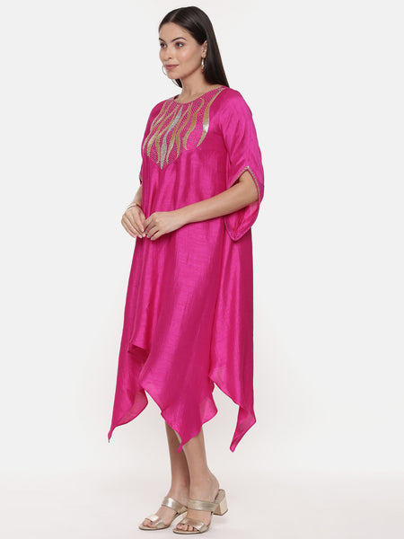 Silk Slub Hand Embroidred Fuscia Dress - AS0598