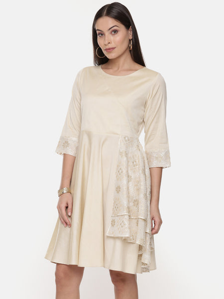 Silk Cotton Beige Short Dress - AS0599