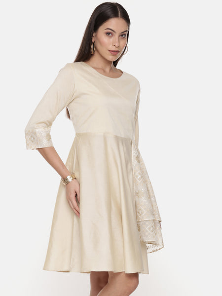 Silk Cotton Beige Short Dress - AS0599