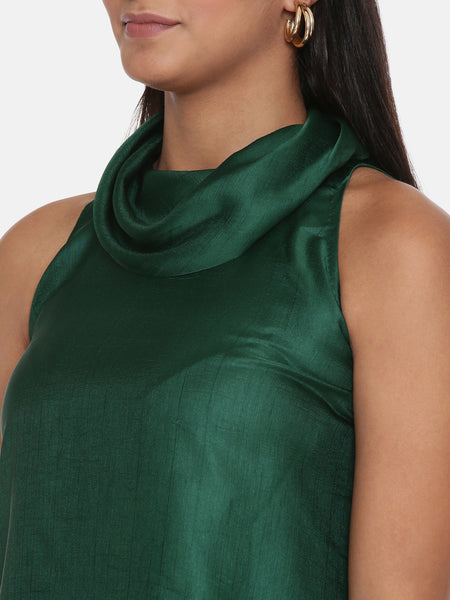 Koul Neck Green Silk Short Dress - AS0603